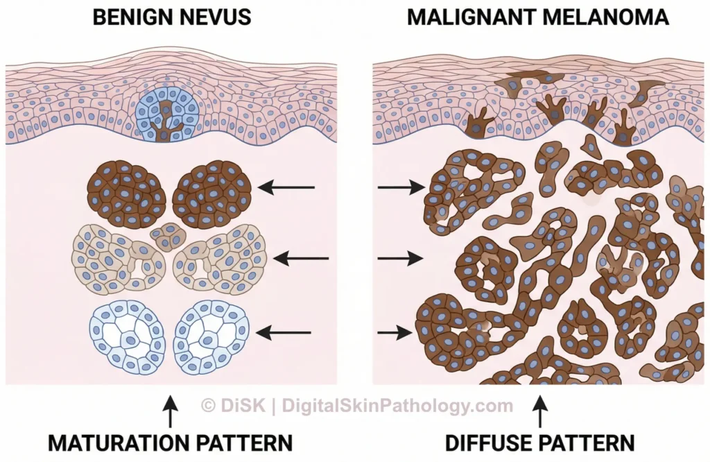 Alt text: Illustration comparing the HMB-45 maturation pattern in a benign nevus to the diffuse staining pattern in melanoma.