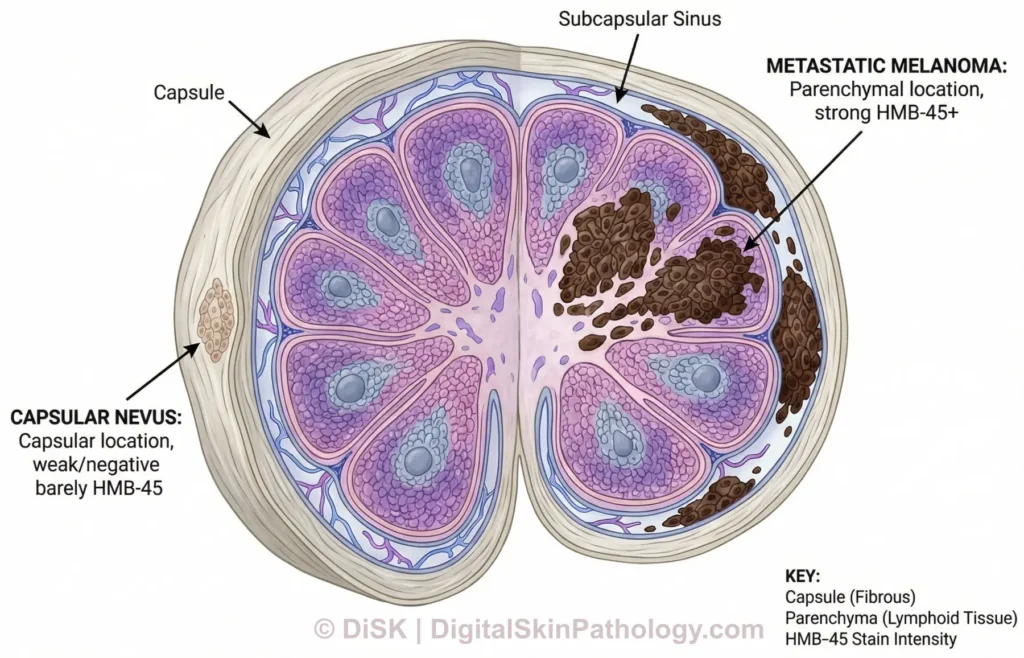 Illustration comparing a capsular nevus and metastatic melanoma in a lymph node, showing differences in HMB-45 staining intensity and location.
