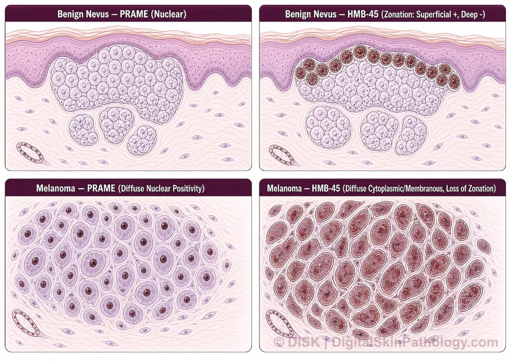 Four-panel illustration comparing PRAME and HMB-45 immunohistochemical staining patterns in benign nevus versus melanoma.