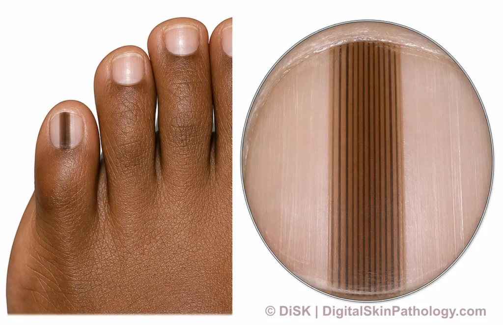 benign melanonychia, Clinical and onychoscopic presentation, regular, parallel longitudinal brown lines with uniform thickness, color, and spacing