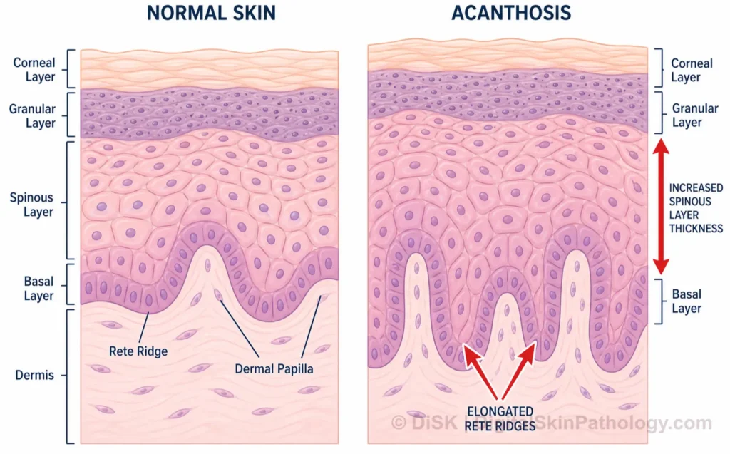 Alt text: "Side-by-side diagram comparing normal skin to acanthotic skin, with labeled epidermal layers (corneal, granular, spinous, basal) and dermis, showing uniform epidermal thickening and elongated rete ridges."