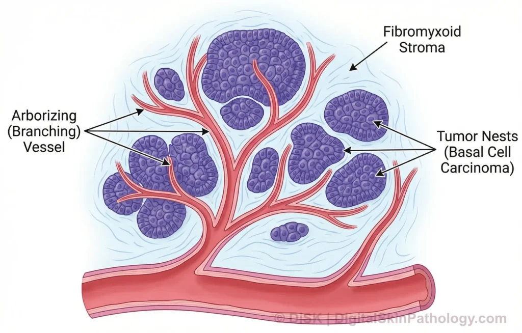 Illustration of a thick, branching blood vessel dividing into finer vessels resembling tree branches, feeding clusters of basaloid tumor nests embedded in fibromyxoid stroma.