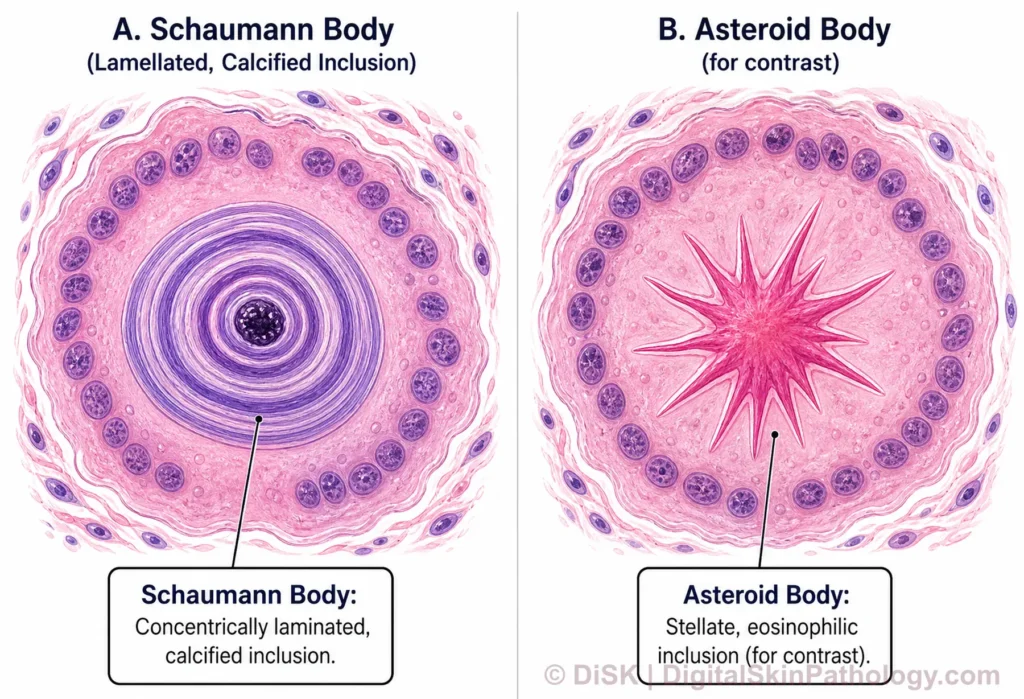 Illustration of a multinucleated giant cell containing a star-shaped, eosinophilic asteroid body with radiating spines at its center.
