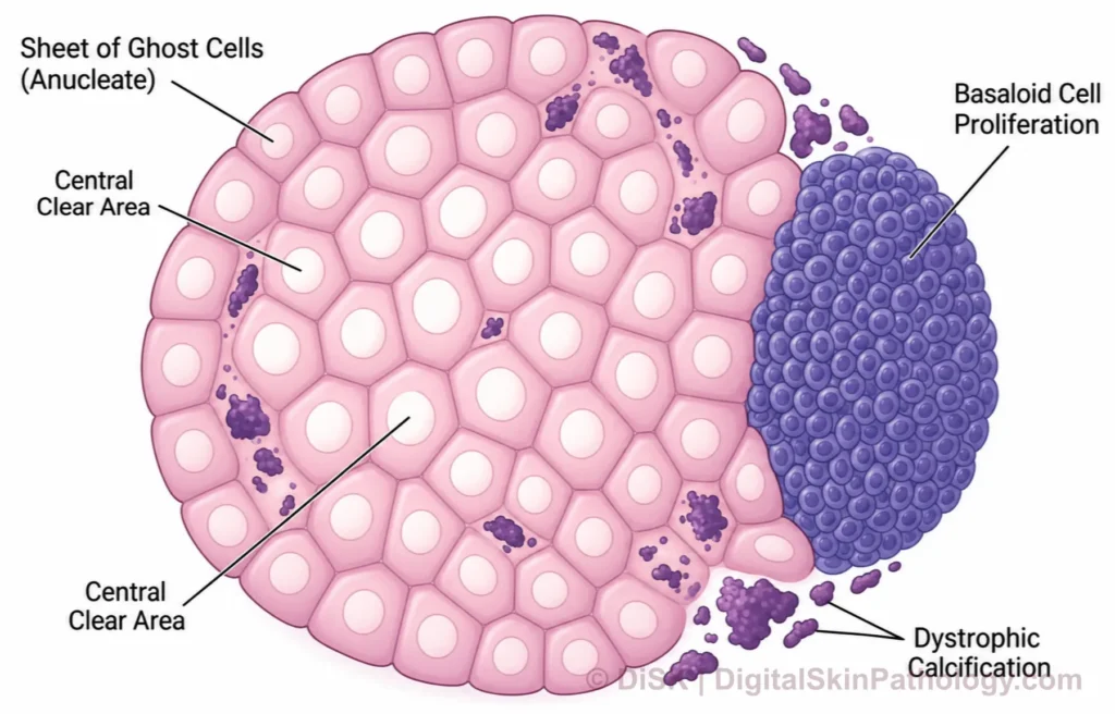 Illustration of anucleate ghost cells with pale central outlines and pink cytoplasm arranged in sheets adjacent to basaloid matrix cells.