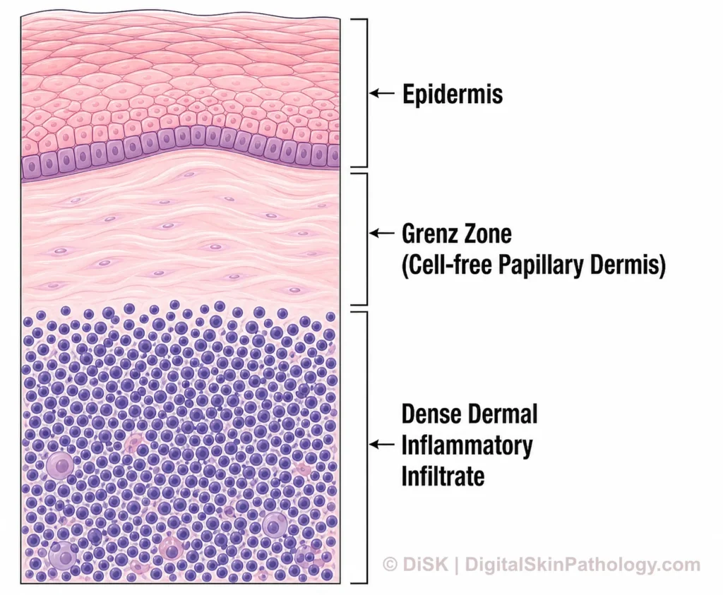 Illustration of a skin cross-section showing a clear, uninvolved band of papillary dermis separating the epidermis from a dense underlying dermal infiltrate.