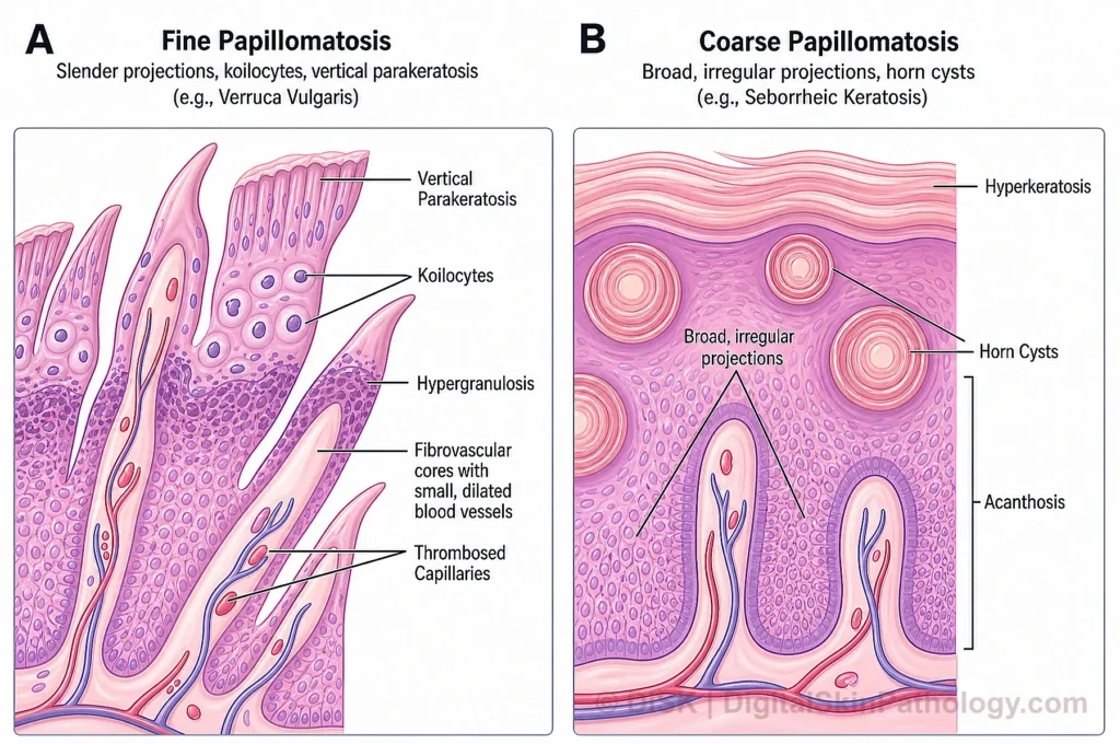 Alt text: "Two-panel histologic comparison of papillomatosis. Panel A shows fine papillomatosis with slender epidermal projections containing koilocytes, vertical parakeratosis, and thrombosed capillaries within fibrovascular cores, as in verruca vulgaris. Panel B shows coarse papillomatosis with broad, irregular epidermal projections, horn cysts, hyperkeratosis, and acanthosis, as in seborrheic keratosis."