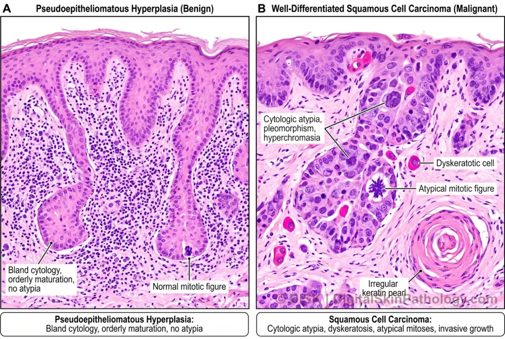 Alt text: "Two-panel histologic comparison. Panel A shows pseudoepitheliomatous hyperplasia with bland, orderly epidermal downgrowths, normal cytology, and a normal mitotic figure. Panel B shows well-differentiated squamous cell carcinoma with cytologic atypia, pleomorphism, a dyskeratotic cell, an atypical mitotic figure, and an irregular keratin pearl."