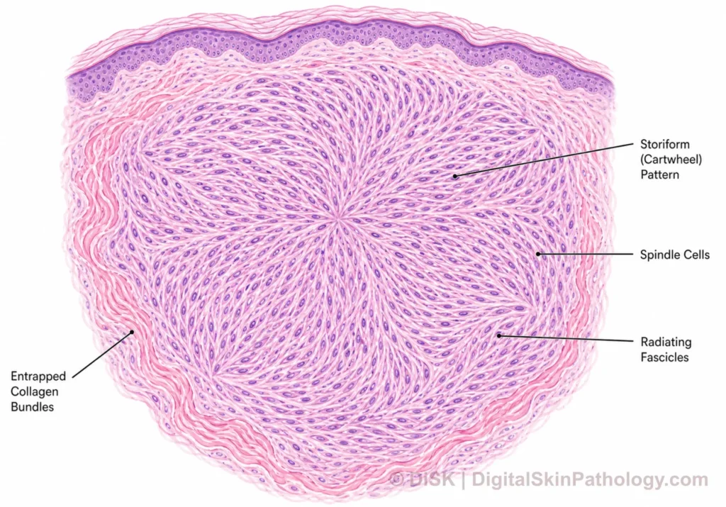 Illustration of spindle cells with cigar-shaped nuclei arranged in a whorled, cartwheel-like pattern radiating from a central point.